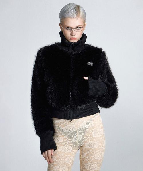 Faux Fur Zip-Up Jacket Black