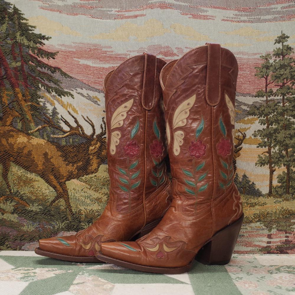 Vtg Hand Crafted Butterfly Inlay Western Boots (23)