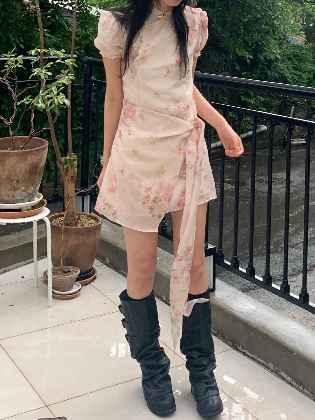 [Limited] Flower wrap puff dress