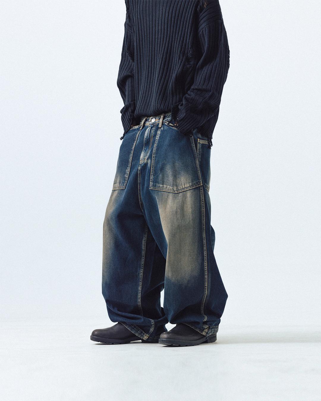 Brush Washing Fatigue Denim Pants - Blue Denim
