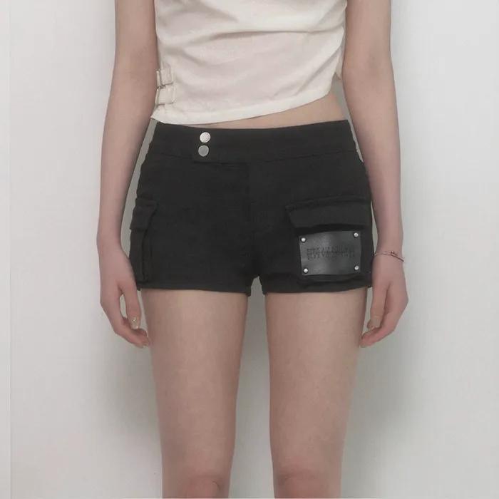 Leather Patch Cargo Short Pants (Black)
