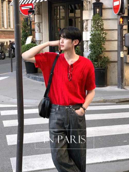 [워셔블/in Paris] 로엘 브이넥 케이블 반팔 니트
