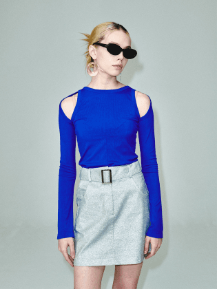 슬림 컷아웃 골지 스티치 티 Slim fit cutout top T-Shirt_블루