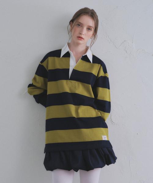 루즈핏 스트라이프 럭비 티셔츠_Olive ST