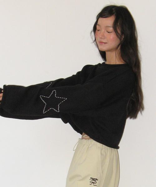HEART STAR HAND STITCH OVERFIT CROP KNIT BLACK