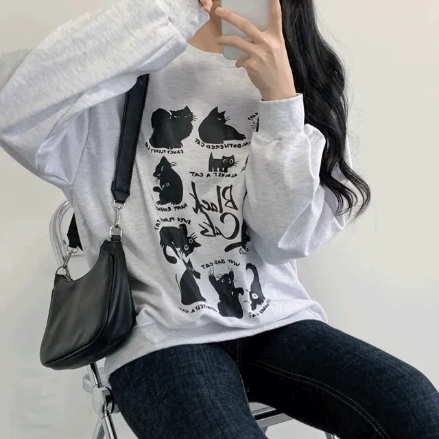 [한정수량/파격SALE/특가할인/기모/특양면] 기모 블랙캣 프린팅 오버핏 맨투맨 4color