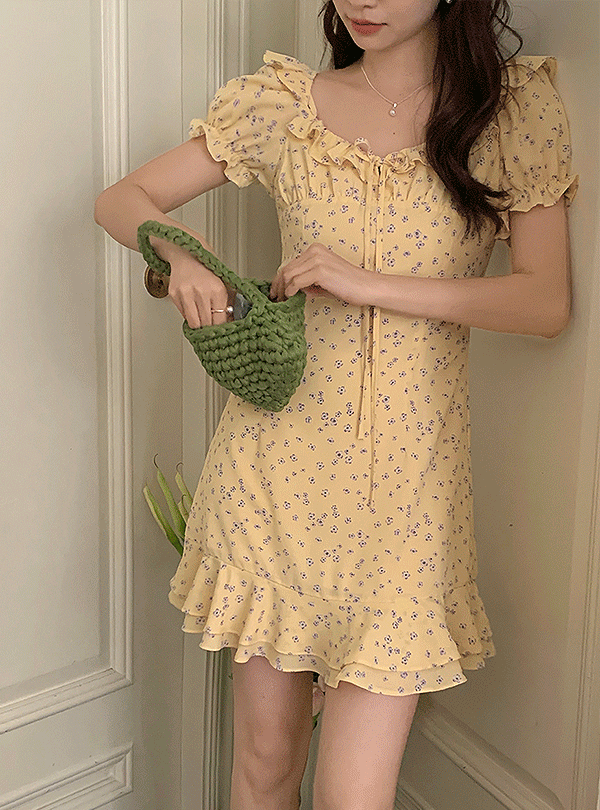 (2color)캔디 프릴 퍼프 쉬폰 반팔 미니 원피스