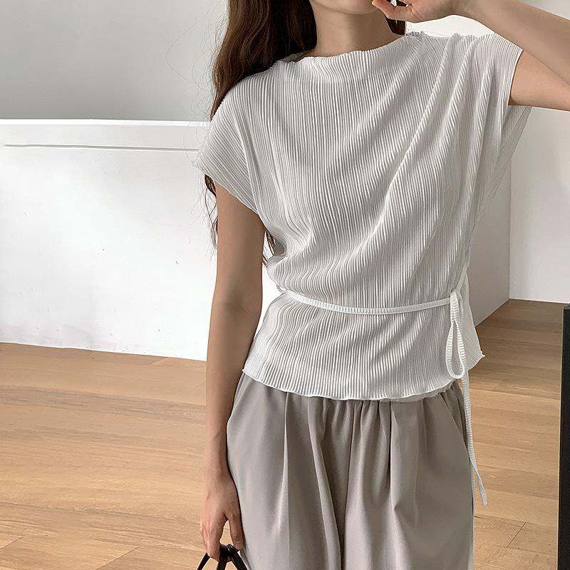 [데이트룩🌷/여리핏/로맨틱무드]레히 플리츠 물결 보트넥 반팔 블라우스 (허리끈set) - 3 color