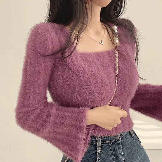 [스퀘어넥/소매나팔~] 부드러운 앙고라 크롭 니트 5color