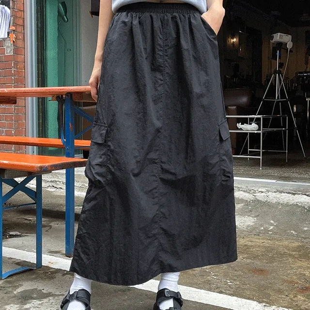 빅사이즈 S-2XL 베카 나일론 카고 밴딩 롱 스커트