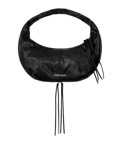 Zipper Finishing Leather Hobo Bag [ Black ]