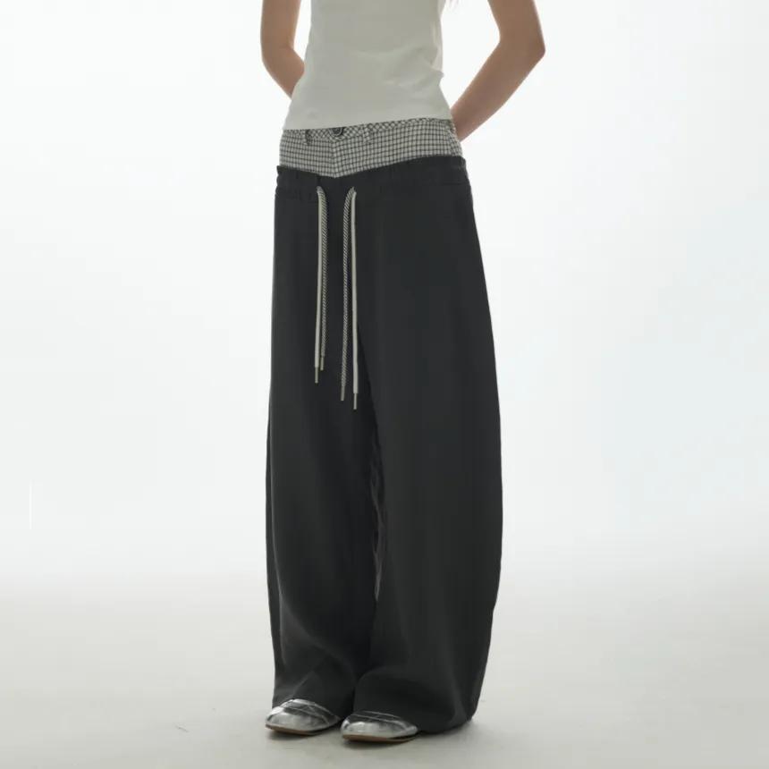 YAWHAT 팬츠 더블 웨이스트 팬츠 캐주얼 바지 드레이프 와이드 팬츠