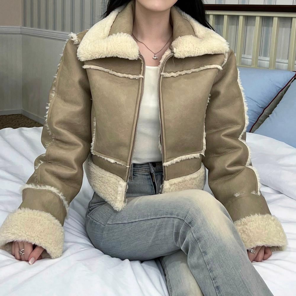 소프트 브라운 아이보리 퍼 가죽 크롭 무스탕 자켓