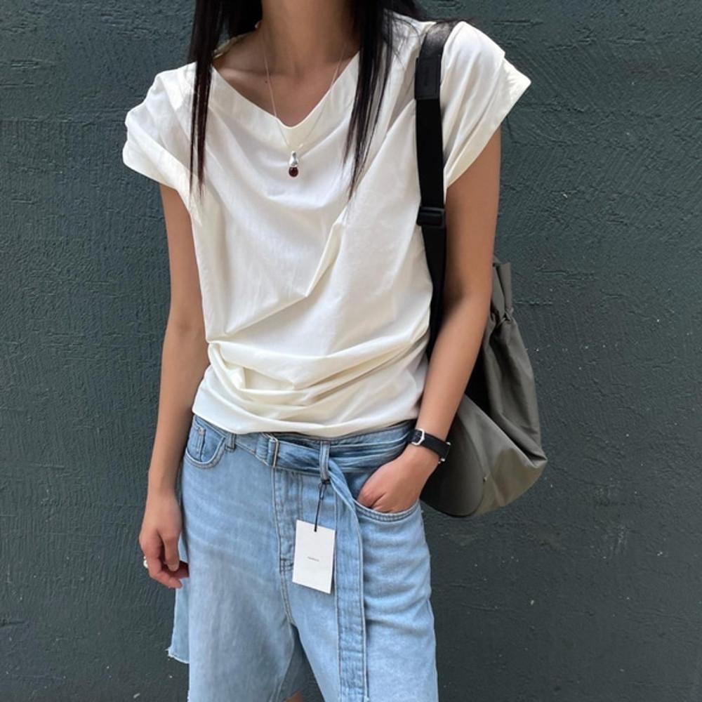 포터 터틀 셔링 캡소매 블라우스 여성 여름 나일론 반팔 블라우스