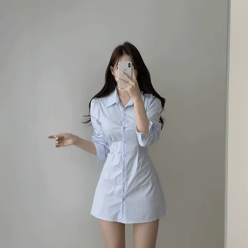 (러블리청순ღ,허리잘록!!) 실키 핀턱 퍼프 셔츠 미니 원피스 4color (S/S)