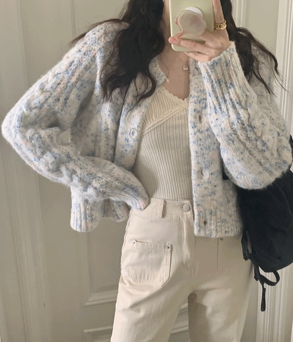 린에❤️ 소프트 솜사탕 믹스 니트 라운드 가디건