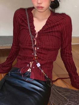 V Neck Pleated Lace Up Long Sleeve Shirt