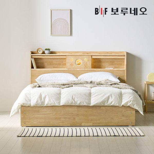 태극Po 4서랍 고무나무 원목 침대 LED 수납 프레임 Q