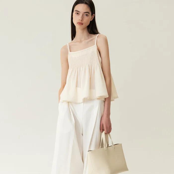 Pintuck Lace Sleeveless Top Cream