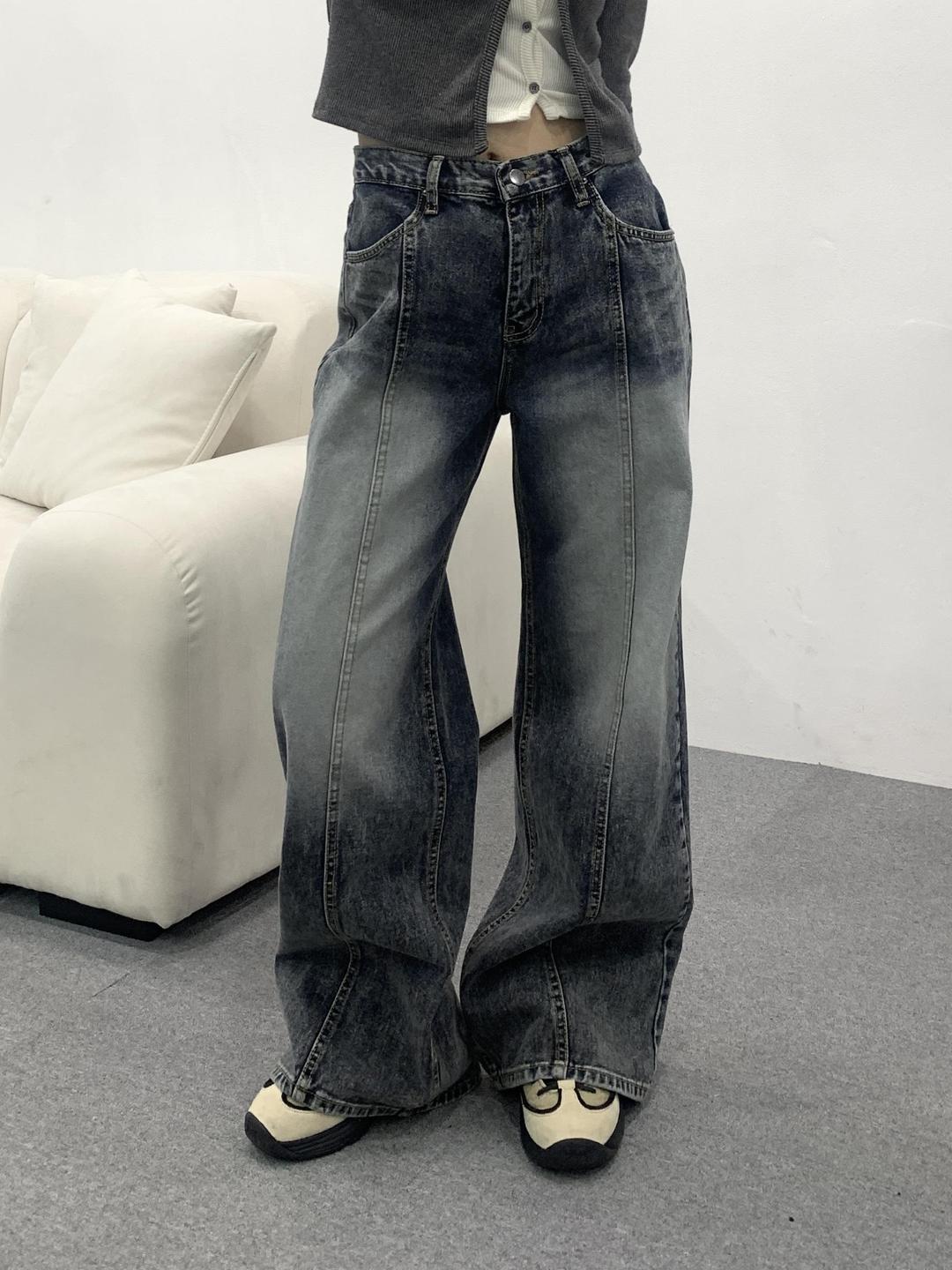 유데모닉 진청 절개 와이드 부츠컷 데님 팬츠
