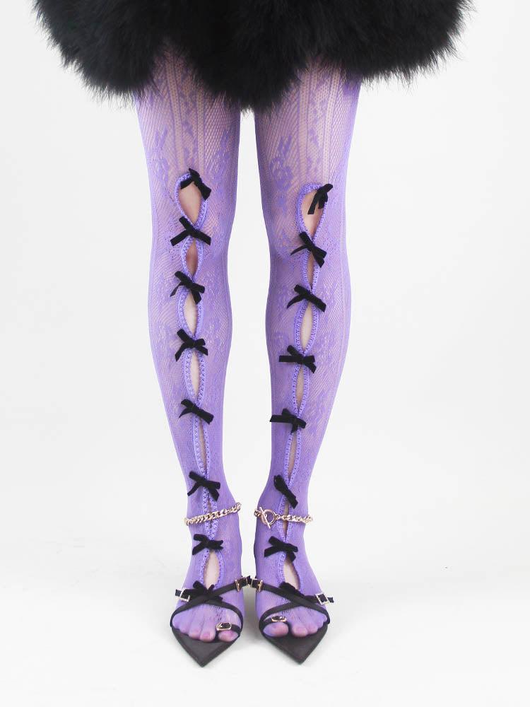 Black Bowknot Purple Fishnet Stockings - F