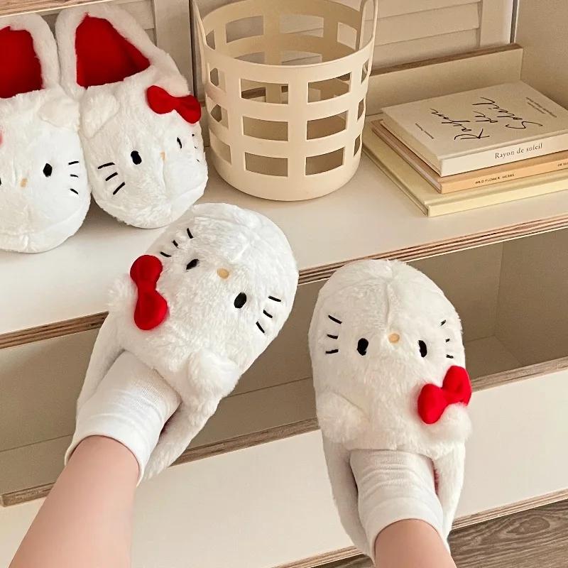 산리오 헬로 키티 플러시 슬리퍼, 만화 Kt 고양이 따뜻한 겨울 실내 슬리퍼, 플랫 캐주얼 미끄럼 방지 소녀 홈 신발 선물