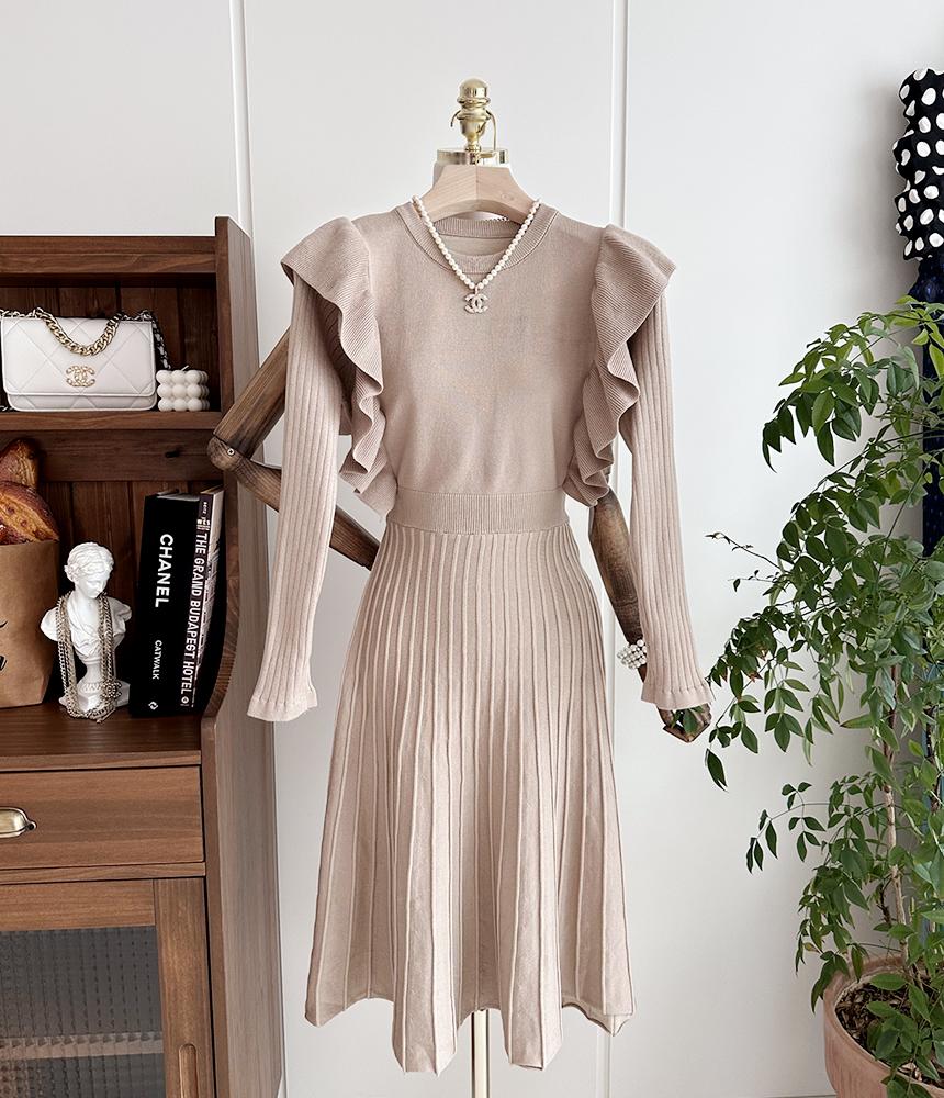 메리제인 가을 프릴 플리츠 주름 니트 롱 원피스