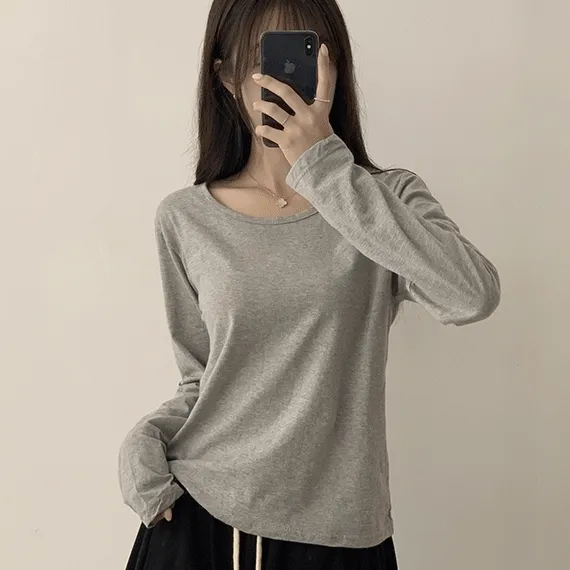 [달라붙지않는핏/프리미엄] 가장 베이직한, 가을 라운드 긴팔 티셔츠 베이직 캐주얼 무지 세미 크롭 Y2K 긴팔티 6color