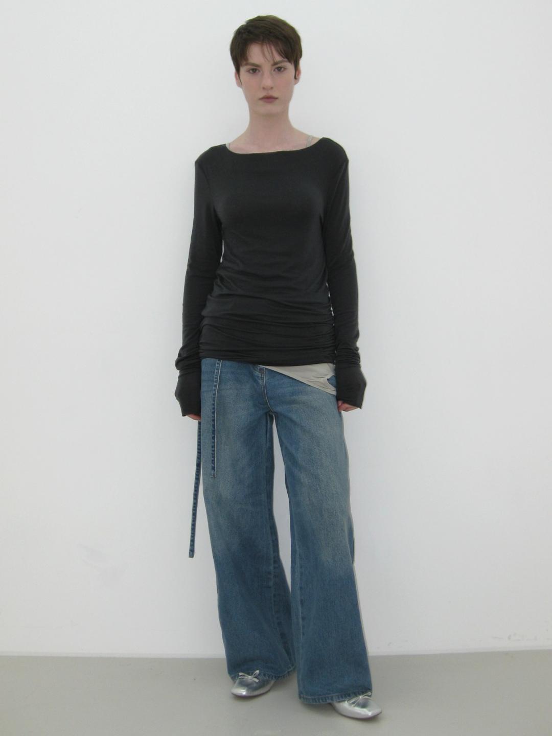 SHIRRING TENCEL LONG SLEEVE, CHARCOAL