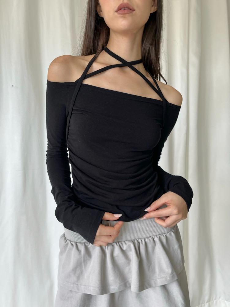 [MADE]셔링 스트랩 오프숄더 긴팔티