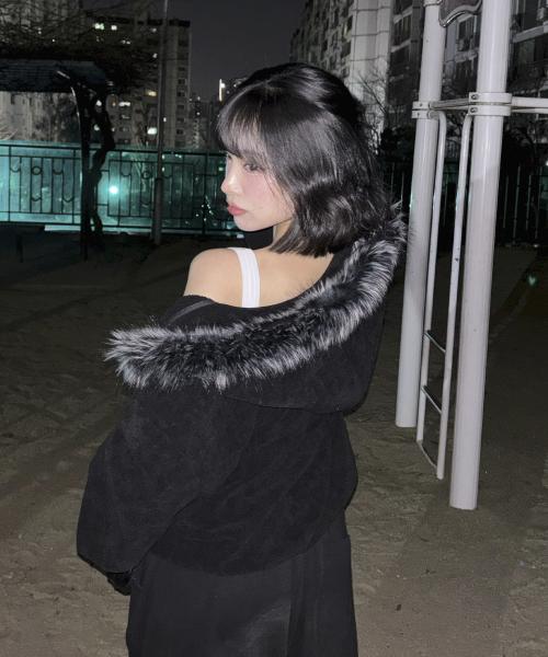 골지 니트 퍼 후드 집업 - 블랙