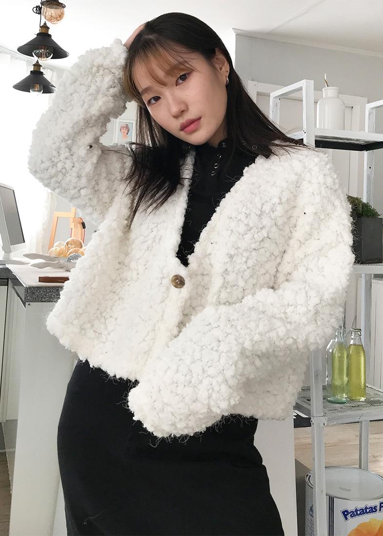 웜 헤어 원버튼 브이넥 가디건