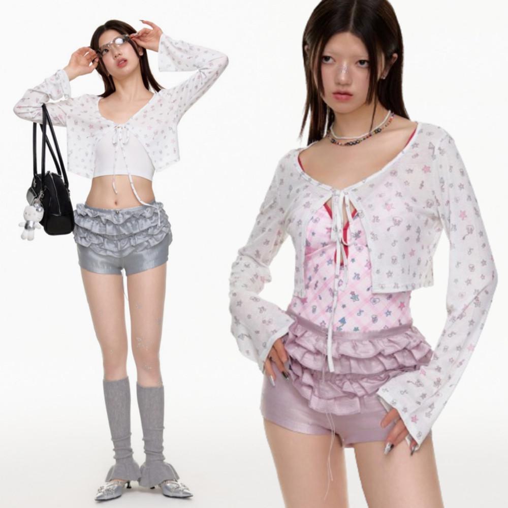 BETWEENAND 여름 가디건 볼레로 y2k 프린팅 얇은 가디건 비치웨어 볼레로