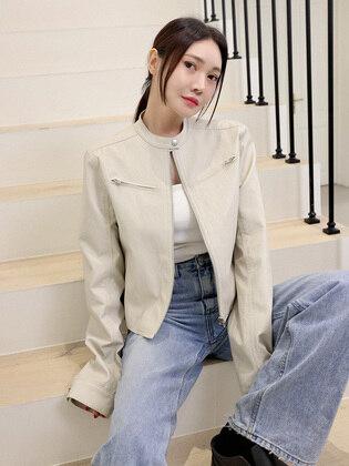 [단독] faux leather biker jacket (beige)