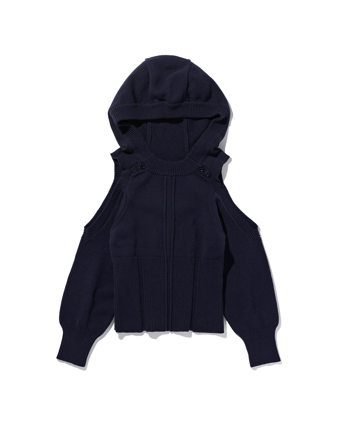 CUT OUT SHOULDER KNIT HOODIE_NAVY