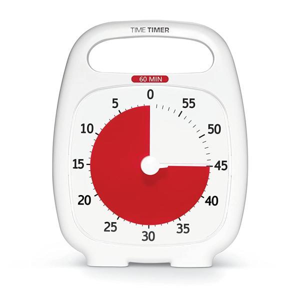 Time Timer 플러스 60 60분 데스크용 시각적 타이머 — 교실, 사무실, 홈스쿨링, 조용한 작동이 가능한 학습 도구용 휴대용 손잡이가 있는 카운트다운 타이머(화이트)