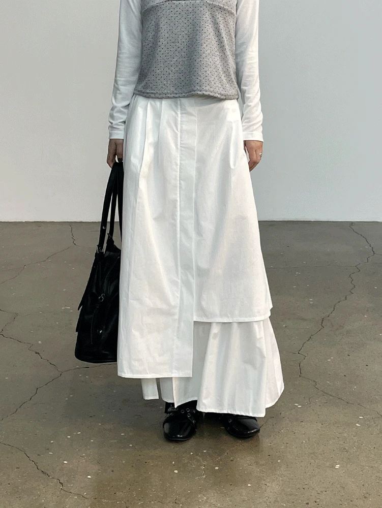 [미디/롱][하객룩] 텐디 언발 뒷밴딩 플레어 미디 롱스커트