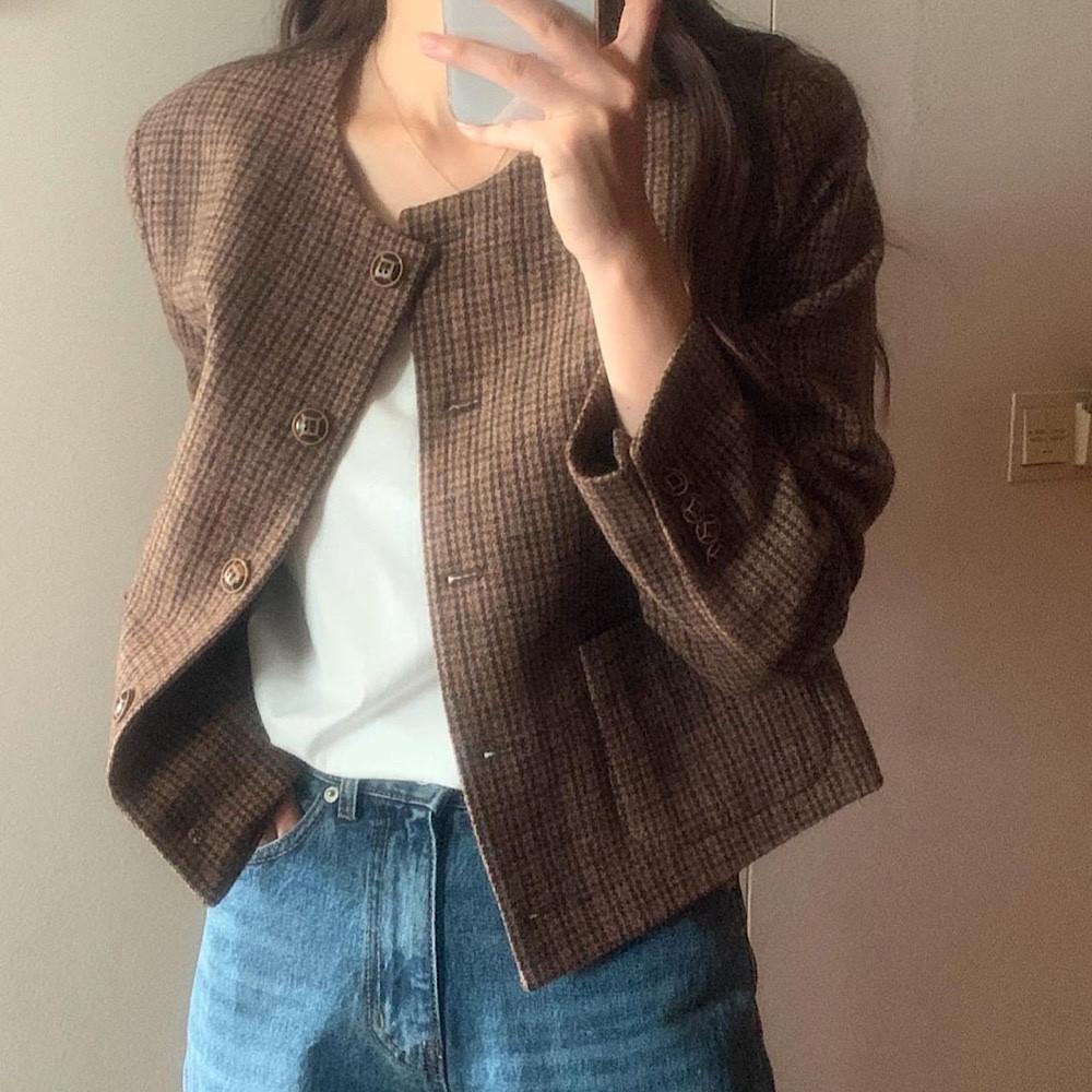 버베인 울 체크 노카라 자켓 라운드넥 가을 숏 jk