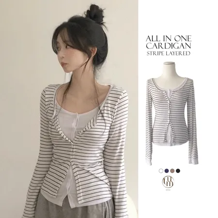 [-3kg🤍일체형]배색 단가라 스트라이프 일체형 슬림핏 쫀쫀 가디건 4color