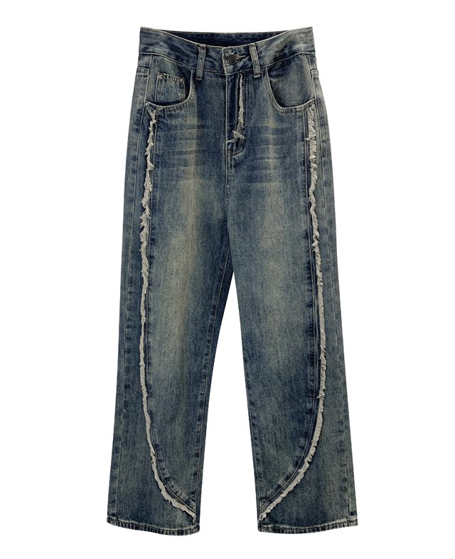 라운드 사이드 테슬 빈티지 레트로 워싱 데님 팬츠 와이드 청바지