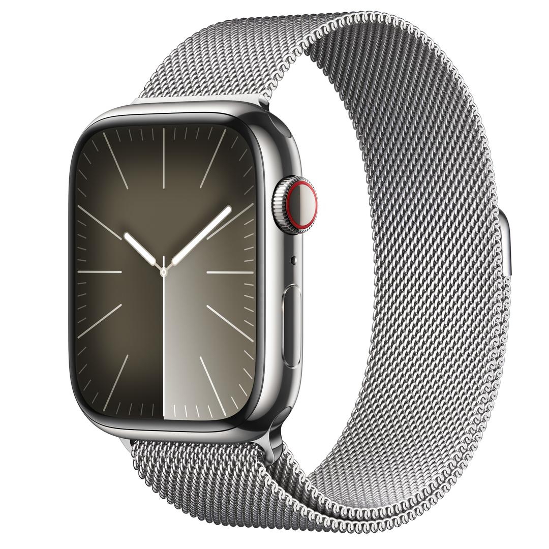 Apple Watch Series 9 GPS + Cellular, 45mm 실버 스테인리스 스틸 케이스, 그리고 실버 밀레니즈 루프