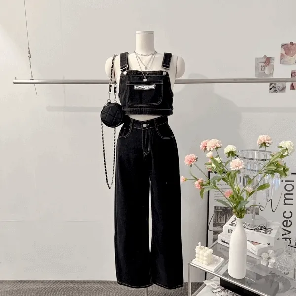 #당일발송 [y2k!/하이틴!/유니크!] 키치 크롭 스티치 생지 데님탑 데님멜빵 청 레터링 패치 포켓 멜빵 나시 하이웨스트팬츠 와이드팬츠 데님팬츠 데님와이드 여름투피스 세트 캐주얼