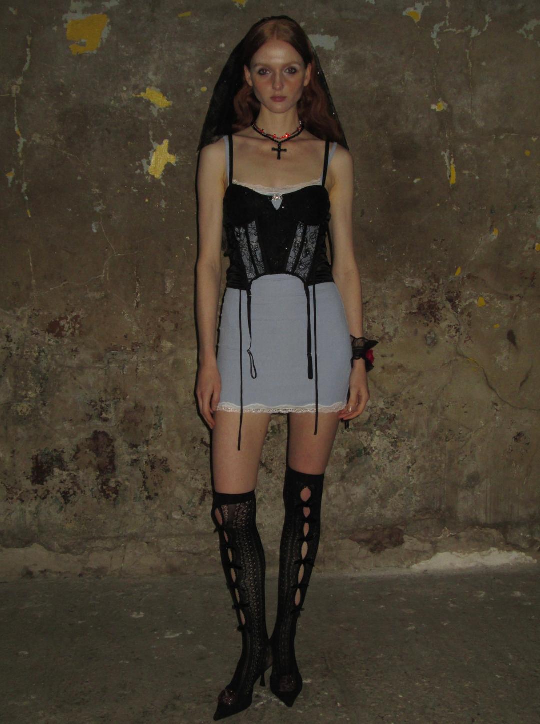 Blue Lace Trim Spaghetti Strap Dress