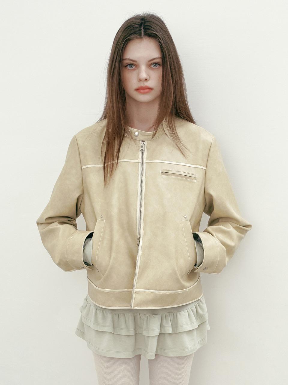 RIVET WASHED FAKE LEATHER JACKET (BEIGE)