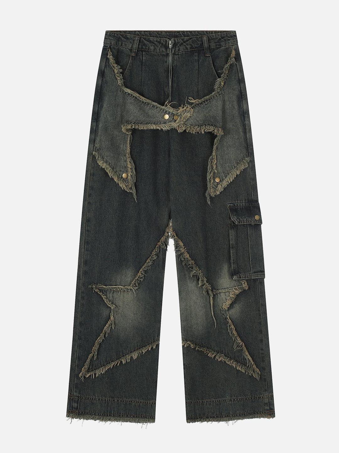Distressed Effect Patchwork Star Denim Jeans - Blue / 34