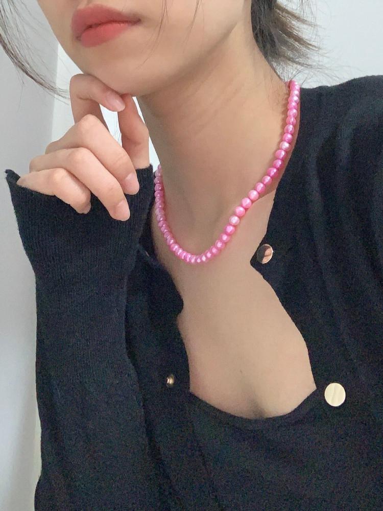 유니크 핑크 컬러 못난이 담수진주 목걸이