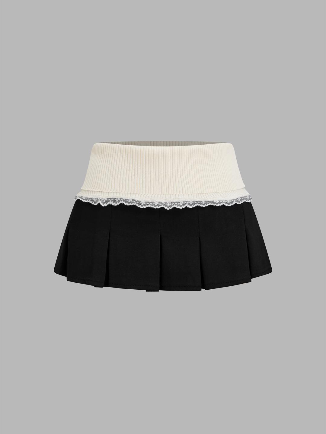 Terry High Rise Lace Trim Two Tone Pleated Mini Skirt