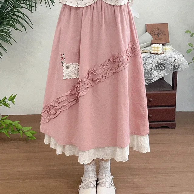 (단독/빅사이즈) 베니 자수 롱스커트 레이스 밴딩 플레어 치마