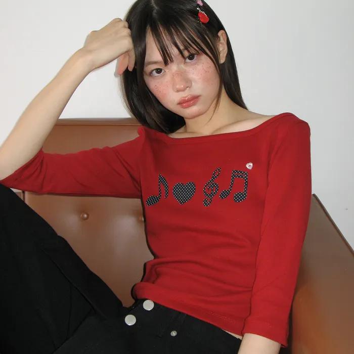 HEART MUSIC NOTE SLIM FIT QUARTER SLEEVE RED