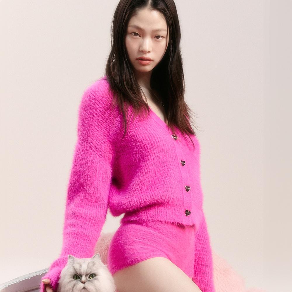 FLUFFY CARDIGAN V NECK_FUCHSIA